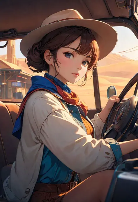 a woman, cowboy, drive ute car, showroom, intricate details, high resolution, close-up view, masterpiece, best quality, beautiful, (colorful), cinematic lighting, extremely detailed CG unity 8k wallpaper,