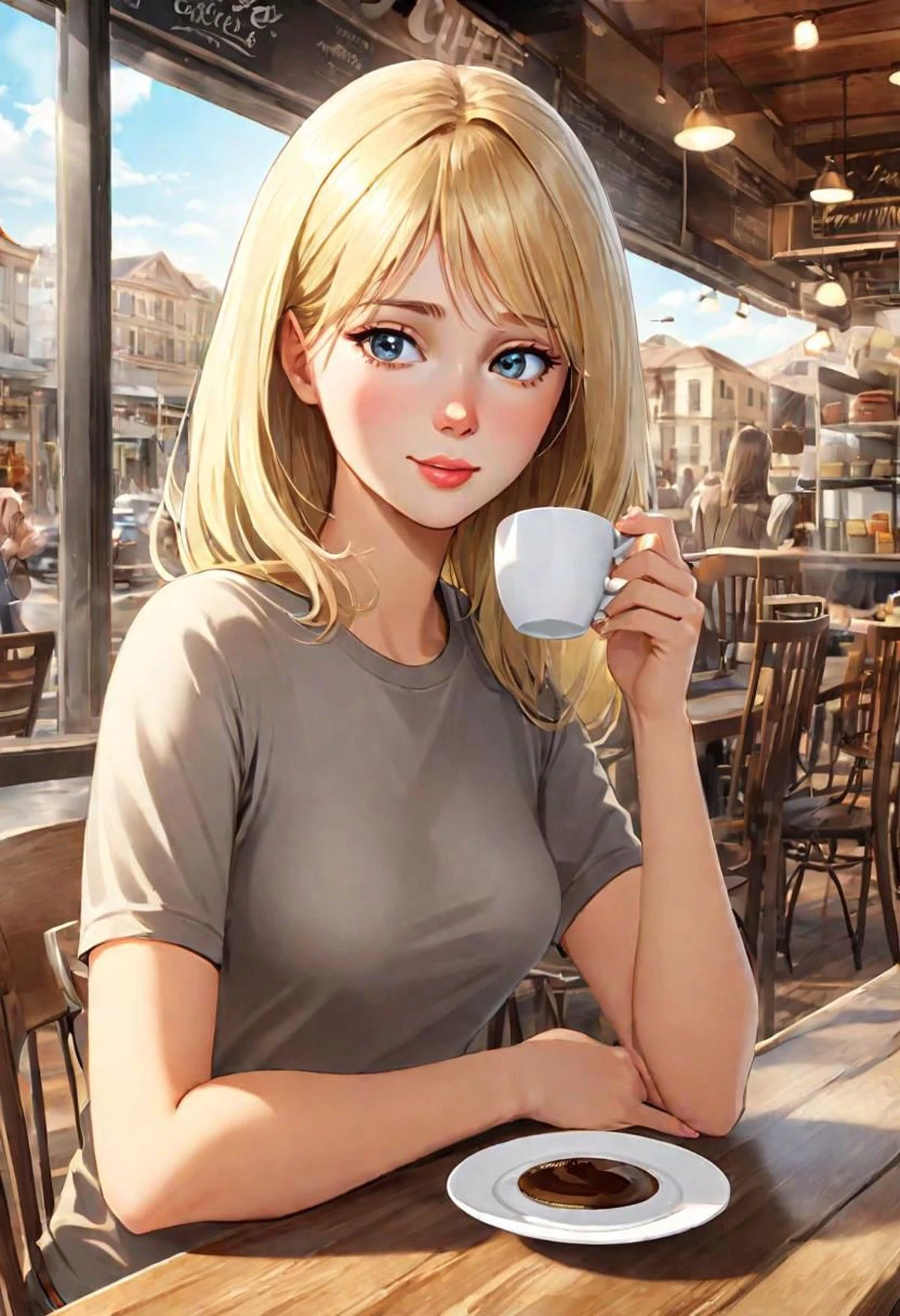 (masterpiece)
a beautiful blond girl drinking coffee,
coffe shop background,
HDR, 8k, trending on artstation,