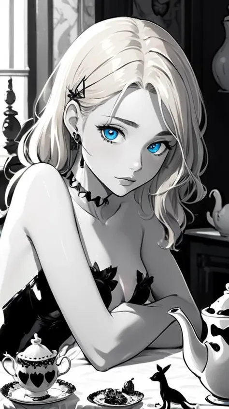 Monochrome portrait of a naked 18-year-old girl with bright blonde hair and piercing blue eyes. Whimsical Tea Party with Talking Animals. Black and white, contrast, tone, texture, detailed