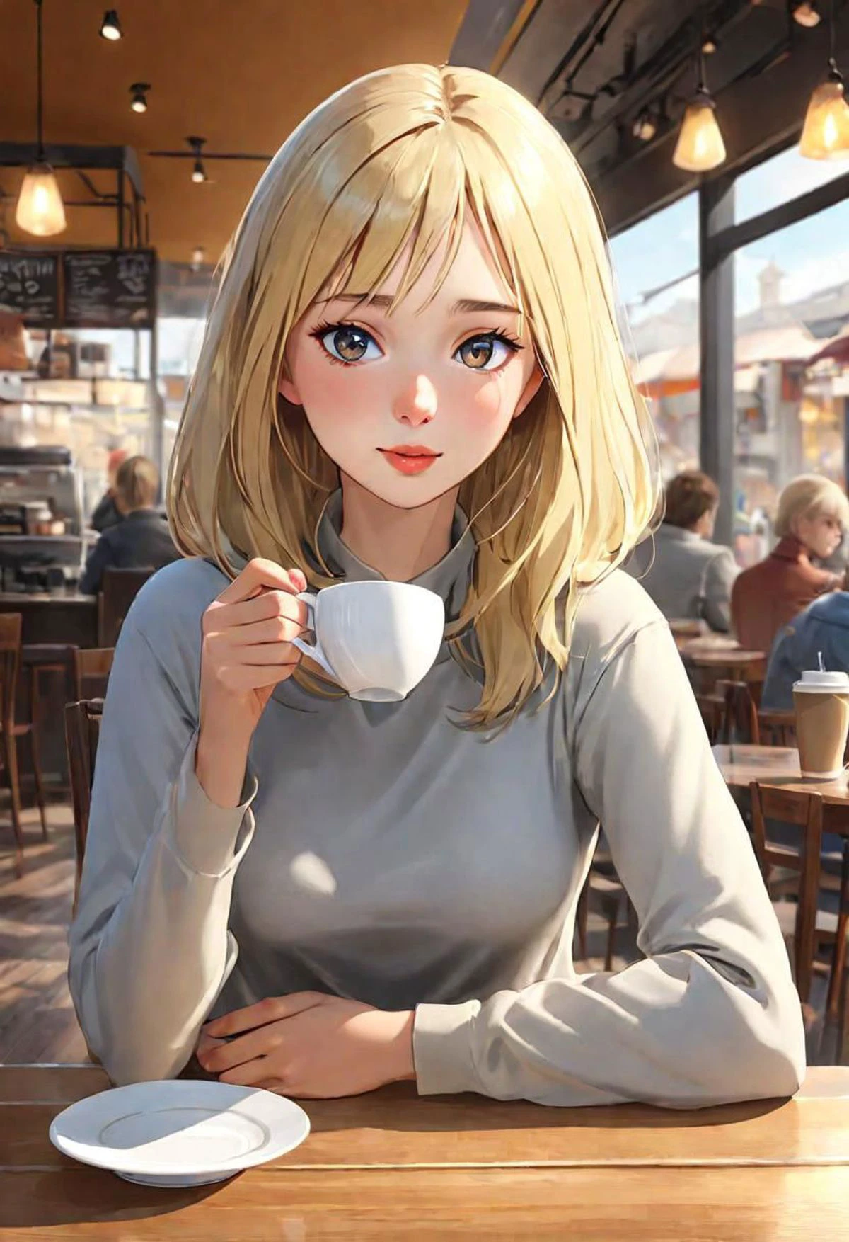 (masterpiece)
a beautiful blond girl drinking coffee,
coffe shop background,
HDR, 8k, trending on artstation,