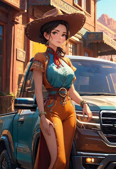 a woman, cowboy, drive ute car, showroom, intricate details, high resolution, close-up view, masterpiece, best quality, beautiful, (colorful), cinematic lighting, extremely detailed CG unity 8k wallpaper,