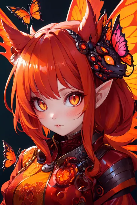 cat dragon girl, butterflies, detailed skin, scarlet rot, orange theme, red theme, photography of a cute cat dragon girl, big eyes, intricate details, realism, colorful cyberpunk <lora:moghxl-step00000350:1>
