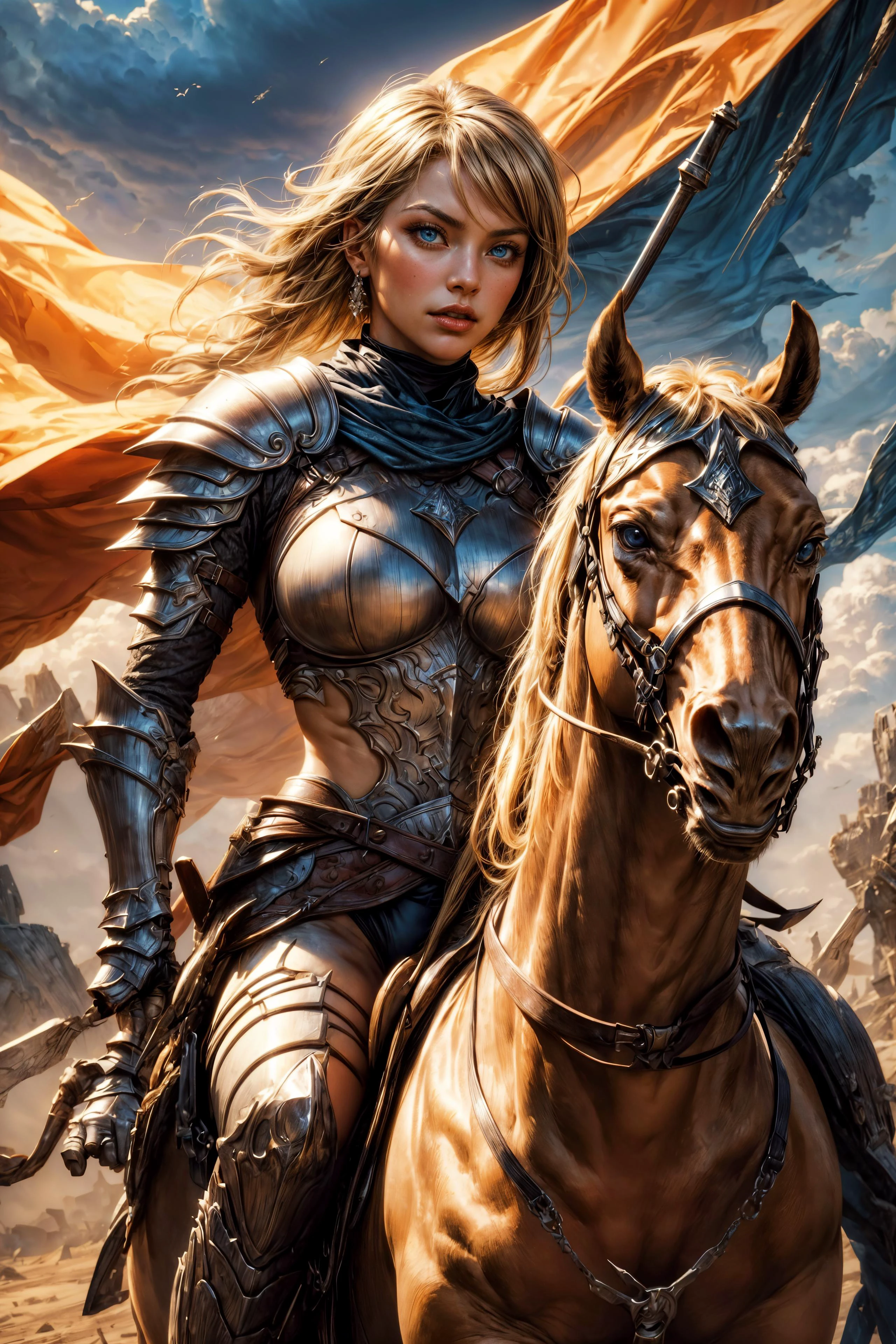 fierce female warrior on horseback, wide angle shot, scenic background, high detail, epic, realistic, cinematic lighting, dynamic composition, by top fantasy artists, 4k resolution, masterpiece digital painting, photodromm, erotic, large breasts, hyperrealistic art, extremely high-resolution details, photographic, realism pushed to extreme, fine texture, incredibly lifelike, <lora:more_details:0.8>