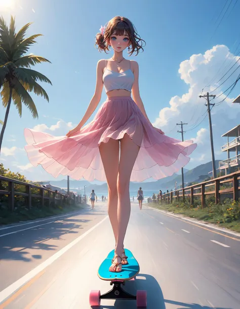 (1girl, solo, masterpiece, 8k, HDR), character concept art of a beautiful young woman,intricate detail, (masterpiece:1.2), (highest quality:1.1), absurdres) BREAK (stand on longboard, skateboard:1.4), (sexy dance pose:1.4), outstretched arms, strap bra, camisole, short translucent skirt, exposed midriff, sandals, detailed toes, floating hair,  tall skinny body, square shaped face, (grey Downturned eyes), full lips, high cheekbones),  (pink twin braids:1.2), large breasts, thin waist, hip bones, toned thighs, thigh gap, tan lines, BREAK  sky, ocean, beach, sidewalk, crowd,  <lora:girllikelongboarddancing_sdxl:.75>  <lora:1r1d3sc3nc3XL:0.75> 1r1d3sc3nc3