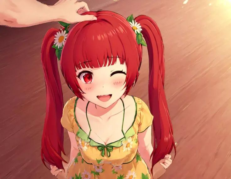 <lora:HeadpatPOVXL:1> IncrsXLHeadpatPOV, <lora:Ami_Arakawa:.8> 1girl, solo, bangs, open mouth, smile, solo, standing, flat chest, hair flower, sundress, red hair, flat chest, facing viewer ,twintails, long hair, short sleeves, standing, pov, headpat