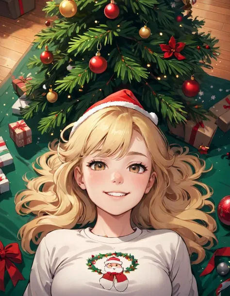 20yo girl lying under the christmas tree facing the camera so you can see down her christmas blouse, wearing a Christmas hat, wild blonde hair, seductive smile