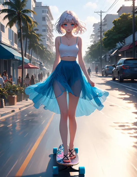 (1girl, solo, masterpiece, 8k, HDR), character concept art of a beautiful young woman,intricate detail, (masterpiece:1.2), (highest quality:1.1), absurdres) BREAK (stand on longboard, skateboard:1.4), (sexy dance pose:1.4), outstretched arms, strap bra, camisole, short translucent skirt, exposed midriff, sandals, detailed toes, floating hair, hourglass body, round shaped face, (blue Downturned eyes), full lips, high cheekbones), (white Straight hair:1.2), huge breasts, thin waist, hip bones, toned thighs, thigh gap, tan lines, BREAK sky, ocean, beach, sidewalk, crowd, <lora:girllikelongboarddancing_sdxl:.75> <lora:1r1d3sc3nc3XL:0.75> 1r1d3sc3nc3