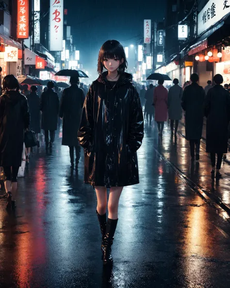 1girl, colored, full body, wet asphalt, tokyo, walking, crowd