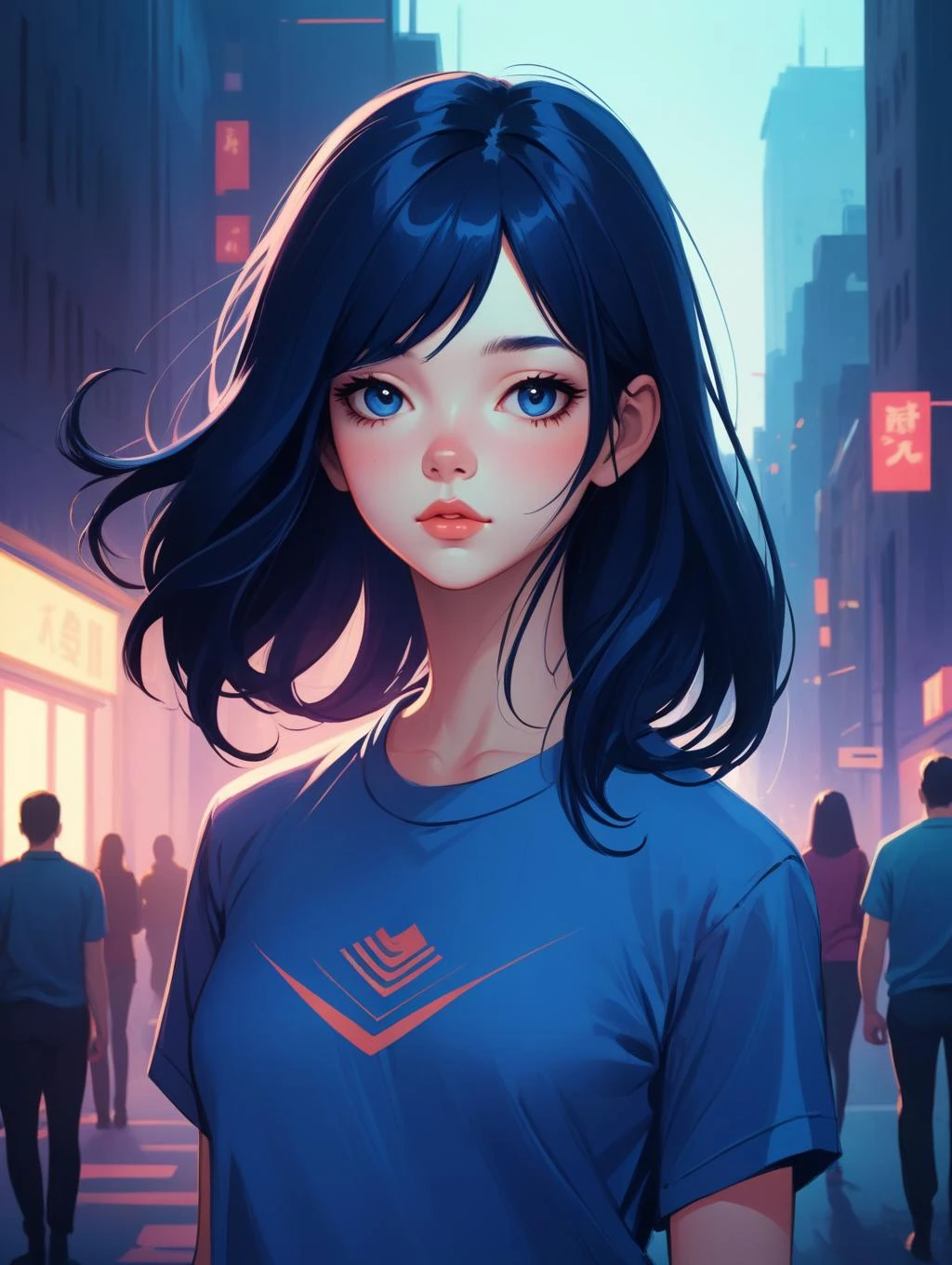 urban girl in shirt fanart, dark blue long hair, muted colors, matte print, pastel colors, ornate, digital art, digital painting, fan art, elegant, artstation, by Ilya Kuvshinov
