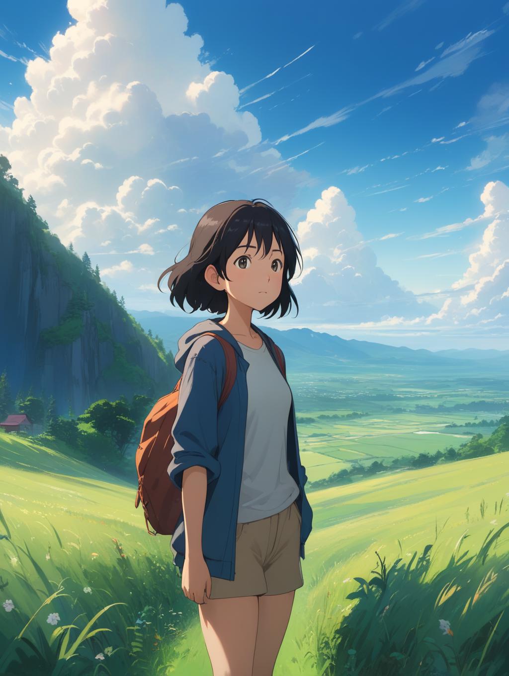A woman standing in a field with a backpack and backpack - SeaArt AI