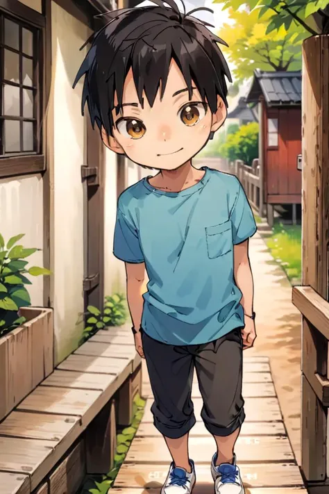 <lora:cutifiedanimecharacterdesign_variant_type_D_SDXL_v10:0.7>
type-d, solo, looking at viewer, smile, short hair, shirt, black hair, 1boy, brown eyes, male focus, male , wooden village, full shot, sneakers, straight on shot, front facing viewer, outside