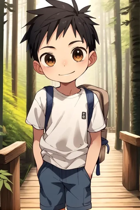 <lora:cutifiedanimecharacterdesign_variant_type_D_SDXL_v10:0.7>
type-d, solo, looking at viewer, smile, short hair, shirt, black hair, 1boy, brown eyes, male focus, male child, wooden village, forest, full shot, sneakers, (straight on;1,2), front facing viewer, outside, bagpack