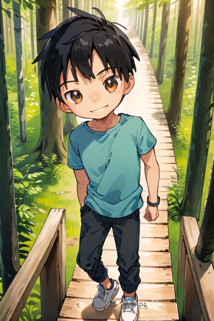 <lora:cutifiedanimecharacterdesign_variant_type_D_SDXL_v10:0.7>
type-d, solo, looking at viewer, smile, short hair, shirt, black hair, 1boy, brown eyes, male focus, male , wooden village, forest, full shot, sneakers, (straight on;1,2), front facing viewer, outside