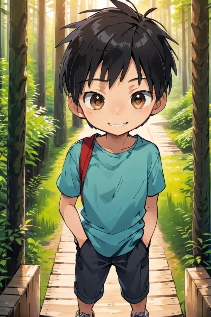 <lora:cutifiedanimecharacterdesign_variant_type_D_SDXL_v10:0.7>
type-d, solo, looking at viewer, smile, short hair, shirt, black hair, 1boy, brown eyes, male focus, male , wooden village, forest, full shot, sneakers, (straight on;1,2), front facing viewer, outside
