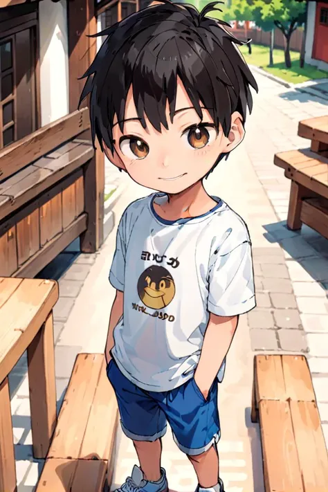 <lora:cutifiedanimecharacterdesign_variant_type_D_SDXL_v10:0.7>
type-d, solo, looking at viewer, smile, short hair, shirt, black hair, 1boy, brown eyes, male focus, male child, wooden village, full shot, sneakers