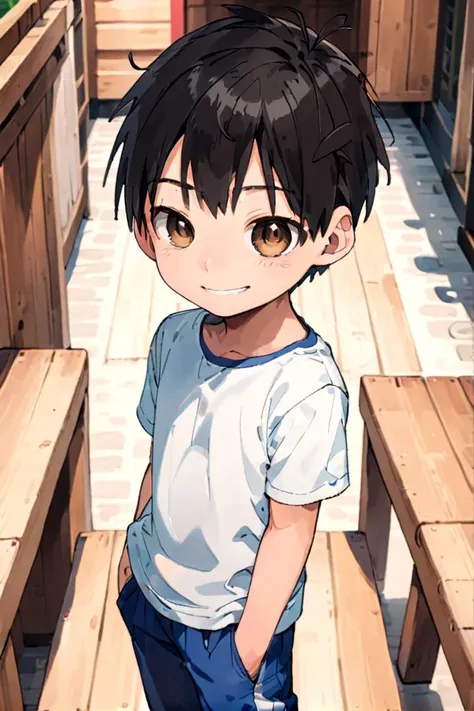 <lora:cutifiedanimecharacterdesign_variant_type_D_SDXL_v10:0.7>
type-d, solo, looking at viewer, smile, short hair, shirt, black hair, 1boy, brown eyes, male focus, male child, wooden village, full shot, sneakers