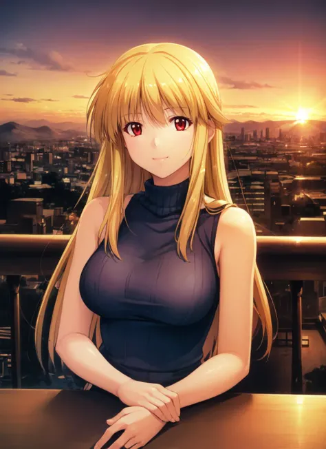ikuwrei, 1girl, solo, sleeveless turtleneck, cable knit, sitting, looking at viewer, sunset, sky, cityscape, smile, upper body, blonde hair <lora:ikuwrei_V1-10:0.8>