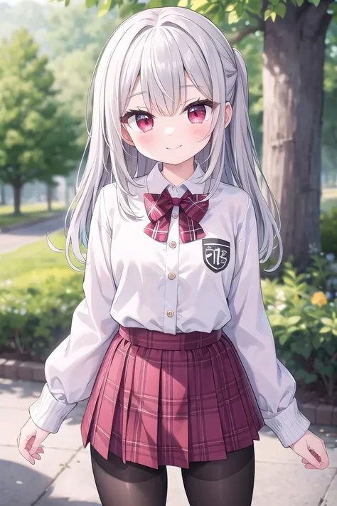 insanely detailed, absurdres, ultra-highres, ultra-detailed, best quality,
1girl, solo, nice hands, perfect hands
BREAK
(School Uniforms:1.2), (pink cardigan is fit body:1.4), ((do up a buttons, not loose):1.5), ((long sleeve, sleeves past wrists):1.2), (inner wear is white collared-shirt:1.3), (red plaid-pattern bow:1.3), (red plaid-pattern pleated skirt:1.3), ((dark-brown pantyhose, loafers):1.2)
, (cleavage:-1.5)
BREAK
happy smile, laugh, closed mouth
BREAK
(45 angle:-1.5), (from side:-1.5),
standing, cowboy shot, looking at viewer
BREAK
slender, kawaii, perfect symmetrical face, ultra cute girl, ultra cute face, ultra detailed eyes, ultra detailed hair, ultra cute, ultra beautiful
BREAK
in forest, depth of field, ultra detailed background
BREAK
medium large breasts
BREAK
(grey hair, red eyes), spiked hair,