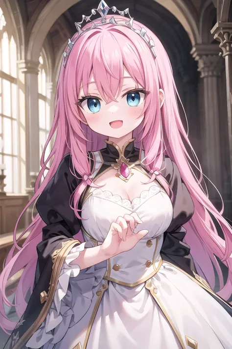 insanely detailed, absurdres, ultra-highres, ultra-detailed, best quality,
1girl, solo, nice hands, perfect hands
BREAK
princess, wearing princess costume, princess dress with many frills, (tiara:1.3) on hair, (nsfw:-1.5)
BREAK
happy smile, laugh, open mouth
BREAK
,
standing, cowboy shot, looking at viewer
BREAK
slender, kawaii, perfect symmetrical face, ultra cute girl, ultra cute face, ultra detailed eyes, ultra detailed hair, ultra cute, ultra beautiful
BREAK
(fantasy world, in castle), depth of field
BREAK
large  breasts
BREAK
pink hair, long hair, messy hair, blue eyes, hair between eyes