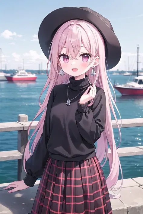 anime girl with pink hair and black hat standing by the water