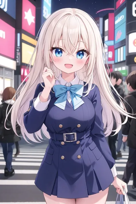 insanely detailed, absurdres, ultra-highres, ultra-detailed, best quality,
1girl, solo, nice hands, perfect hands,
BREAK,
(wearing winter school uniform),
happy smile, laugh, open mouth,
dynamic pose, cowboy shot, looking at viewer,
BREAK,
slender, kawaii, perfect symmetrical face, ultra cute girl, ultra cute face, ultra detailed eyes, ultra detailed hair, ultra cute, ultra beautiful,
by Canon EOS, SIGMA Art Lens 35mm F1.4, ISO 200 Shutter Speed 2000,
in harajuku, shibuya, tokyo, street, crowd, cityscape,
medium large breasts,
BREAK,, (white) blonde hair, medium hair, messy hair, blue eyes, hair between eyes