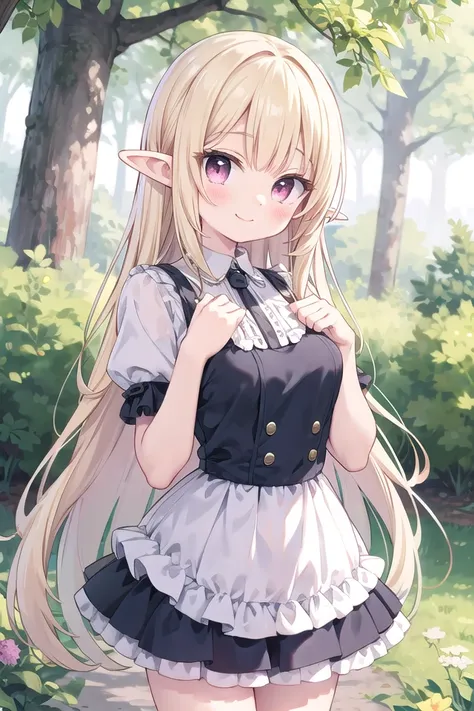 anime girl with long blonde hair and a black and white dress