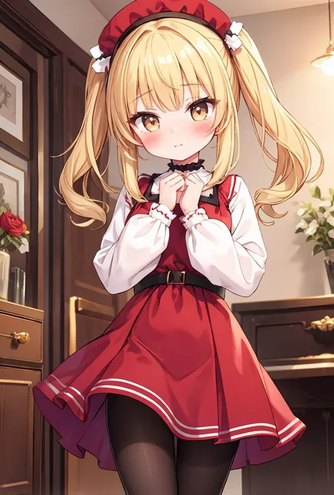 anime girl in a red dress standing in a room