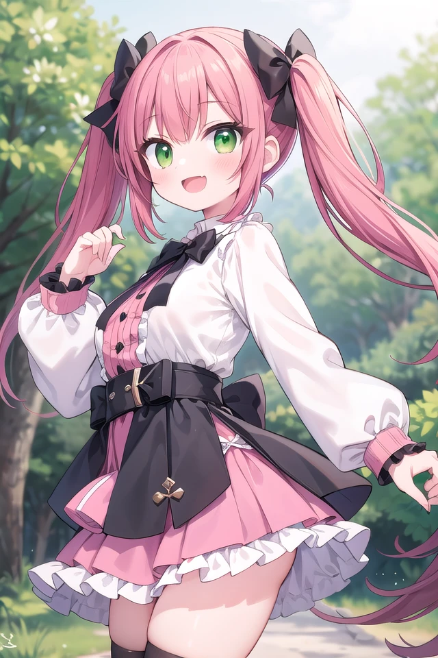 insanely detailed, absurdres, ultra-highres, ultra-detailed, best quality,
1girl, solo, nice hands, perfect hands
BREAK
jirai kei,thighhighs, skirt, twintails, pink skirt, collar, bow, black thighhighs, black bow, long hair, pink bow, hair bow, spiked collar
, (cleavage:-1.5)
BREAK
happy smile, laugh, open mouth
BREAK
from side,
standing, cowboy shot, looking at viewer
BREAK
slender, kawaii, perfect symmetrical face, ultra cute girl, ultra cute face, ultra detailed eyes, ultra detailed hair, ultra cute, ultra beautiful
BREAK
in forest, depth of field, ultra detailed background
BREAK
large breasts
BREAK
(red hair, green eyes), medium hair, hime cut