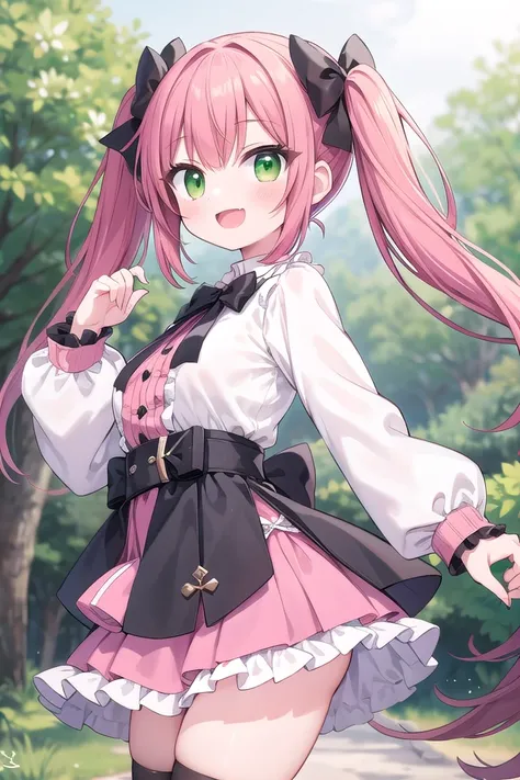 insanely detailed, absurdres, ultra-highres, ultra-detailed, best quality,
1girl, solo, nice hands, perfect hands
BREAK
jirai kei,thighhighs, skirt, twintails, pink skirt, collar, bow, black thighhighs, black bow, long hair, pink bow, hair bow, spiked collar
, (cleavage:-1.5)
BREAK
happy smile, laugh, open mouth
BREAK
from side,
standing, cowboy shot, looking at viewer
BREAK
slender, kawaii, perfect symmetrical face, ultra cute girl, ultra cute face, ultra detailed eyes, ultra detailed hair, ultra cute, ultra beautiful
BREAK
in forest, depth of field, ultra detailed background
BREAK
large breasts
BREAK
(red hair, green eyes), medium hair, hime cut