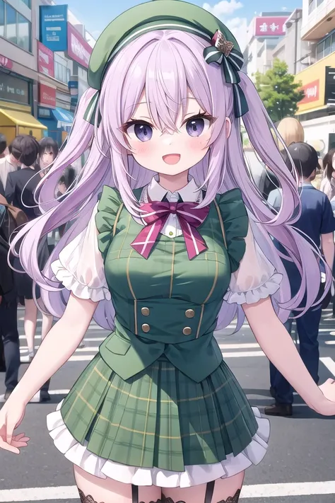 anime girl in green dress with purple hair and green hat