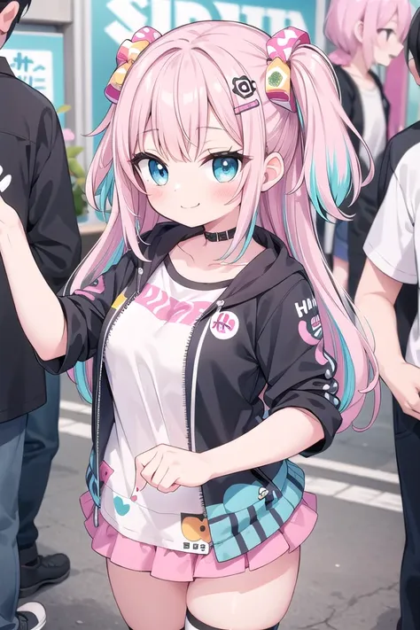 anime girl with pink hair and blue eyes standing in front of a crowd