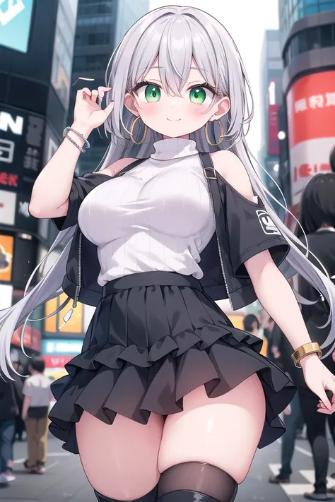 anime girl with long hair and green eyes in a city