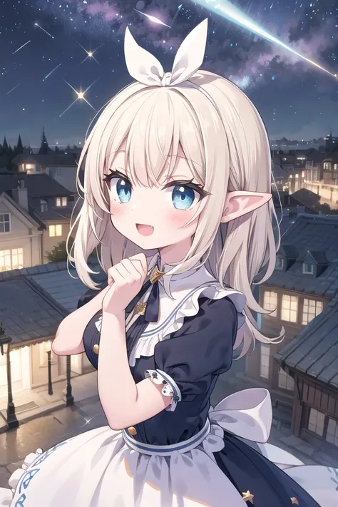 insanely detailed, absurdres, ultra-highres, ultra-detailed, best quality,
1girl, solo, nice hands, perfect hands
BREAK
elf girl, (wearing dress with many frills:1.2), (nsfw:-1.5), (navel:-1)
BREAK
happy smile, laugh, open mouth
BREAK
from above,
standing, cowboy shot, looking at viewer
BREAK
slender, kawaii, perfect symmetrical face, ultra cute girl, ultra cute face, ultra detailed eyes, ultra detailed hair, ultra cute, ultra beautiful
BREAK
fantasy world, ((wonderland)),Gothic decoration,((sticker style)),(heart item,star item,ribbon:1.5),(symbolic:1.2), conspicuous,(star glitter and hart glitter:1.5),(kawaii town at night:1.5),(big clock tower:1.2),(Meteor shower,star and hart effect:1.3)
BREAK
medium breasts,
BREAK
(white:1.2) blonde hair, medium hair, elf ear, blue eyes