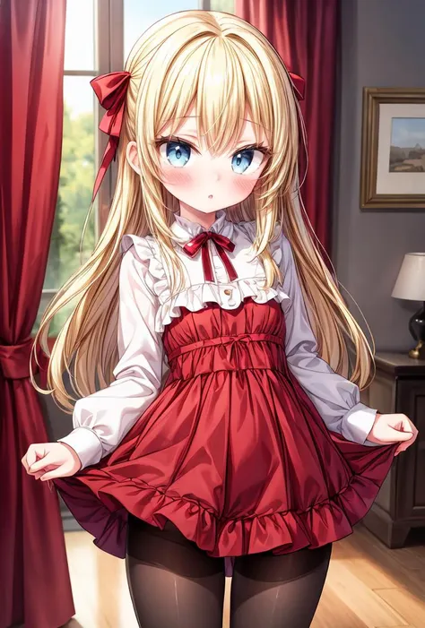 (masterpiece, best quality), 1girl, blonde hair, red dress, pantyhose, cute face, blush, <lora:add_detail:1>