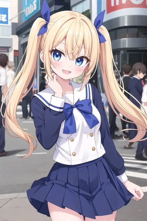 insanely detailed, absurdres, ultra-highres, ultra-detailed, best quality,
1girl, solo, nice hands, perfect hands,
BREAK
(wearing sailor school uniform, dark blue pleated skirt, white shirt),
(evil smile, ;3, smug, open mouth:1.3), fangs
BREAK
standing, hand on own face, 45 angle,
from below, cowboy shot, looking at viewer, tilt head
BREAK
slender, kawaii, perfect symmetrical face, ultra cute girl, ultra cute face, ultra detailed eyes, ultra detailed hair, ultra cute, ultra beautiful
BREAK
in harajuku, shibuya, tokyo, street, crowd, cityscape,
small breasts
BREAK
(gold blonde) hair, (short:1.3) twintails, blue eyes, blue hair ribbon, hair between eyes