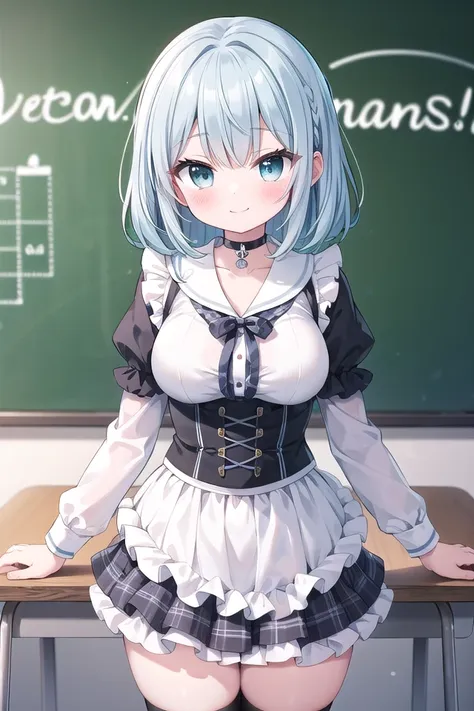 anime girl in a school uniform posing in front of a blackboard