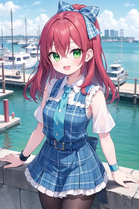 anime girl in a blue dress standing on a wall near a body of water