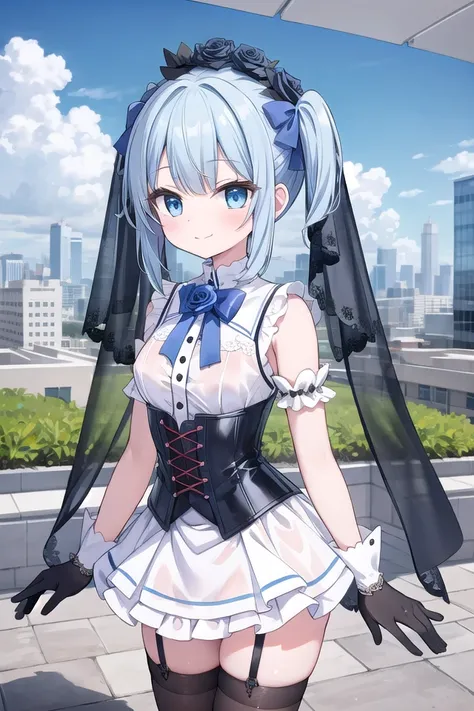 insanely detailed, absurdres, ultra-highres, ultra-detailed, best quality,
1girl, solo, nice hands, perfect hands,
BREAK
(fusion of black mourning-dress and black wedding dress:1.2), (gothic dress:1.3), (light-blue and black theme:1.3), ((black mourning-veil, black see-through wedding-veil):1.5), ((black latex corset, light-blue breast-cup):1.4), (short puff-sleeve:1.3), ((white collar, tie-bow):1.3), ((ruffle-skirt, multilayer-skirt):1.4), ((stockings, garter belt):1.3), (see-through long gloves:1.3), (blue rose decoration on head:1.3), (high heels:1.1)
BREAK
seductive smile, closed mouth, standing, cowboy shot,
BREAK
slender, kawaii, perfect symmetrical face, ultra cute girl, ultra cute face, ultra detailed eyes, ultra detailed hair, ultra cute, ultra beautiful,
BREAK
(day, on rooftop of a building, cityscape, blue sky, cloud, panorama view, depth of field:1.3),
BREAK
small breasts, (cleavage:-1.5), blue hair, twintails, dark blue eyes