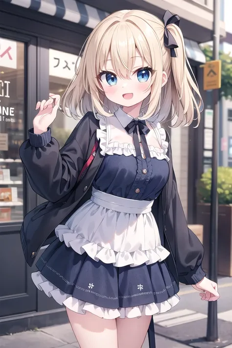 anime girl in a maid outfit standing on a sidewalk