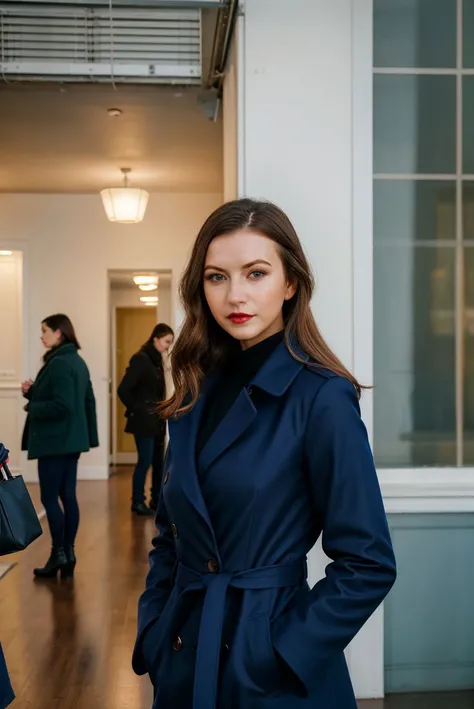 A full color portrait of a beautiful woman, wearing a navy blue coat, thriving art fair, appreciating creations, lipstick, epic character composition,by ilya kuvshinov, alessio albi, nina masic,sharp focus, subsurface scattering, f2, 35mm, film grain <lora:JoanaRedgrave:1>