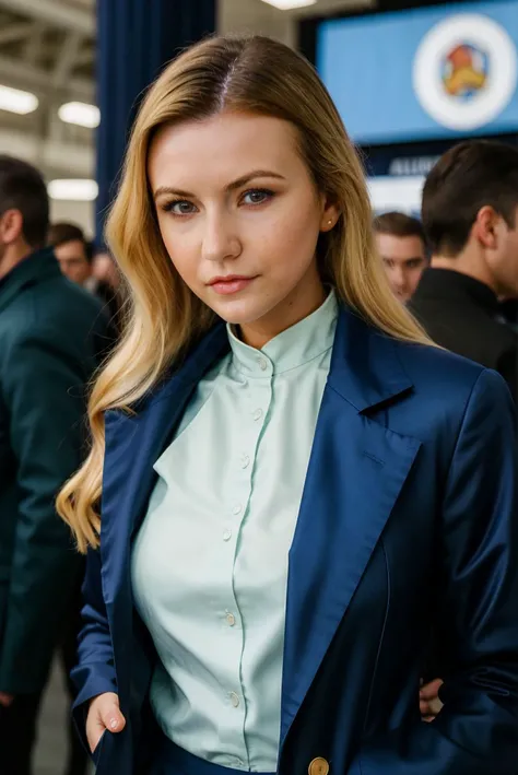 A full color portrait of a beautiful woman, wearing a navy blue coat, full comic con, crowded, closeup, epic character composition,by ilya kuvshinov, alessio albi, nina masic,sharp focus, subsurface scattering, f2, 35mm, film grain , blonde <lora:JoanaRedgrave:1>