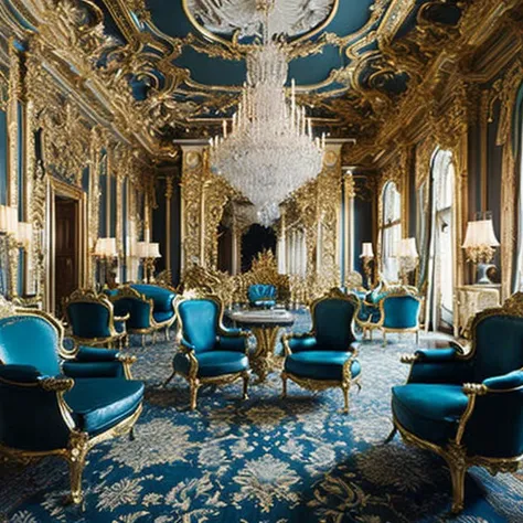 <lyco:baroque_interior_design:1.0> baroque interior design, a professional interior wide shot of a Versailes palace throne room hall, symetrical composition, extremely intricate interior, ornate, addorned with a lawish golden intricate details, rococo style, aqua topaz color theme, completely furnished with a 17 century vintage intircate furnishing, statues, large glass chandaliers, ultra sharp, f 16, shot by an award winning photographer, canon photography, behance contest winner