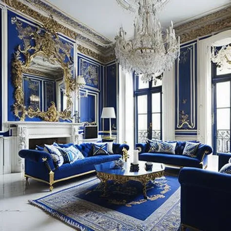 <lyco:baroque_interior_design:1.0> blue and white room, palace, gold details