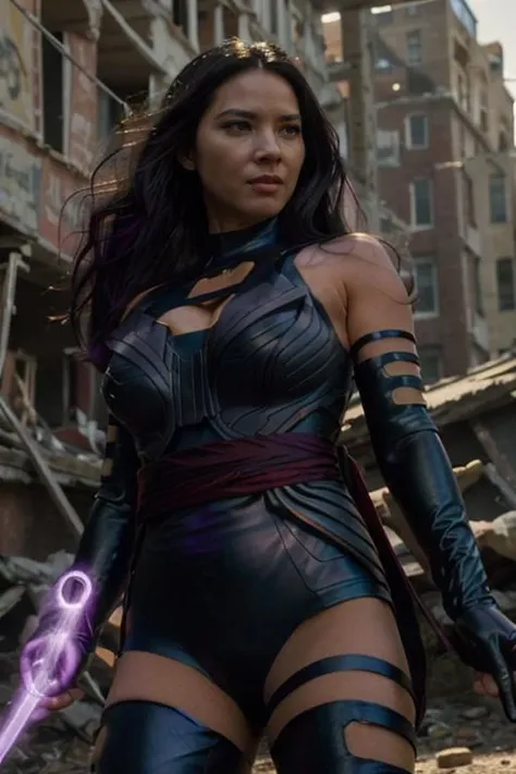 masterpiece, best quality, cinematic, volumetric lighting, very detailed, high resolution, sharp, sharp image, 4k, 8k, 35 mm,
<lora:Psylocke_OliviaMunn_smf_lora_v01-000004:0.9>, 1girl, o1iv1p8y10c-smf, long hair, solo, black hair, gloves, bare shoulders, breasts, sash, realistic, elbow gloves, closed mouth, torn clothes, cowboy shot, medium breasts, looking at viewer, psy10ck0utf1t, sword, purple energy sword