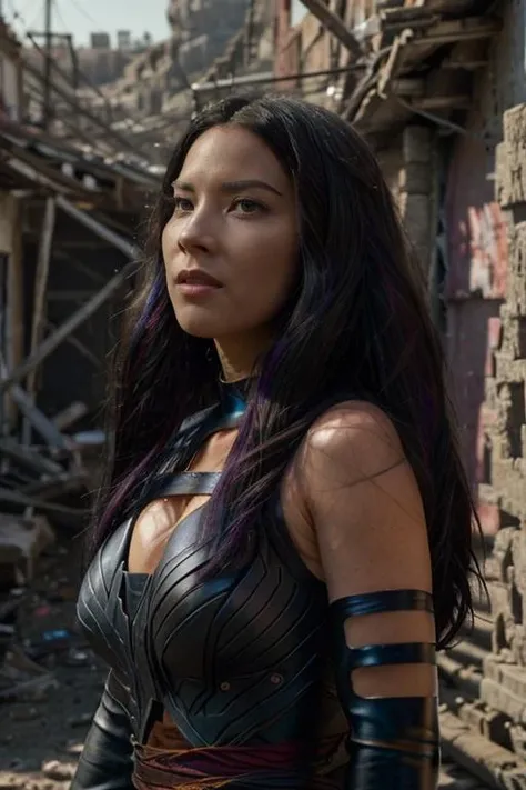 masterpiece, best quality, cinematic, volumetric lighting, very detailed, high resolution, sharp, sharp image, 4k, 8k, 35 mm,
<lora:Psylocke_OliviaMunn_smf_lora_v01-000004:0.9>, 1girl, o1iv1p8y10c-smf, long hair, solo, black hair, multicolored hair, daylight