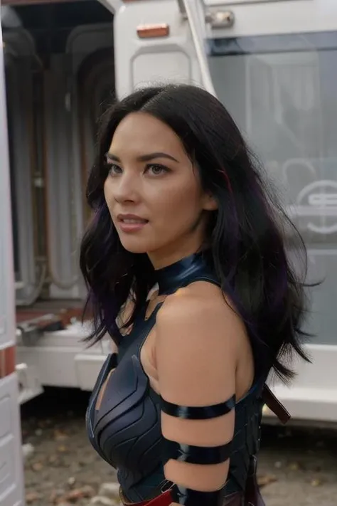 masterpiece, best quality, cinematic, volumetric lighting, very detailed, high resolution, sharp, sharp image, 4k, 8k, 35 mm, 
<lora:Psylocke_OliviaMunn_smf_lora_v01:0.9>, 1girl, o1iv1p8y10c-smf, solo, long hair, black hair, looking at viewer, breasts, realistic, lips, upper body, parted lips, bare shoulders, teeth, medium breasts, clothing cutout, nose, choker, sleeveless, psy10ck0utf1t