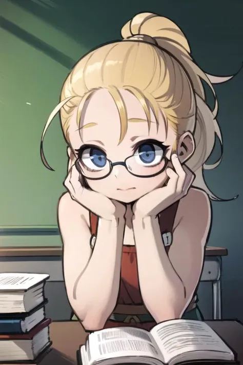 marle, glasses, drowsy, classroom, book, ponytail <lora:marle-000020:0.8>