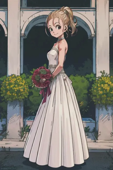 marle, wedding dress, bouquet, smile <lora:marle-000020:0.8> <lora:akiraToriyamaStyle_toriyamaAkira3:0.7>