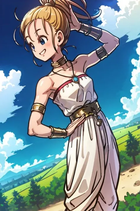 marle, happy, solo, hill, valley, (pendant:0.95), ponytail, strapless dress, nadiaoutfit, sky <lora:marle:0.8> <lora:akiraToriyamaStyle_toriyamaAkira3:0.6>