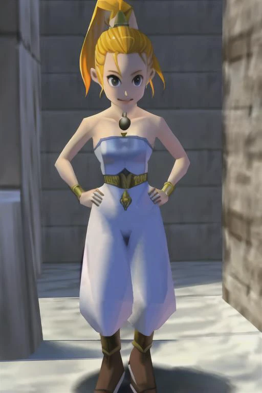marle, standing, strapless dress, hands on hips, ponytail , bell <lora:marle-000020:0.8> <lora:ocarinaOfTimeStyleLow_oot254:0.8>